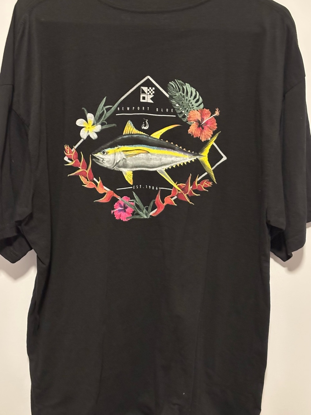 Newport Black Tee with Yellow and Multi-Color Tropical Tuna Graphic